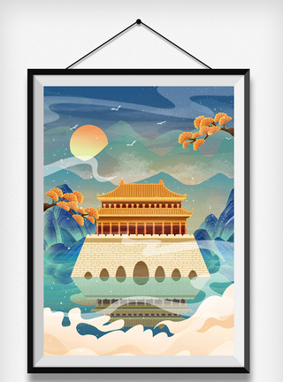 国潮中国风古风山水建筑插画中国山水高清图片素材