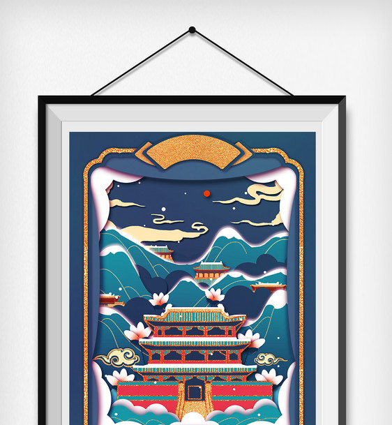 蓝金色剪纸中国风长白山建筑插画图片