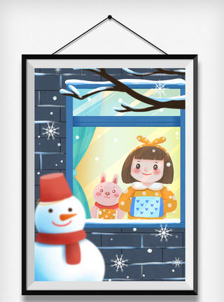 冬季取暖看窗外的女孩和兔子插画模板