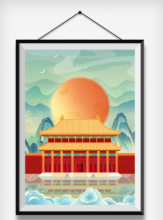 中国风国潮古风山水建筑插画中国建筑高清图片素材