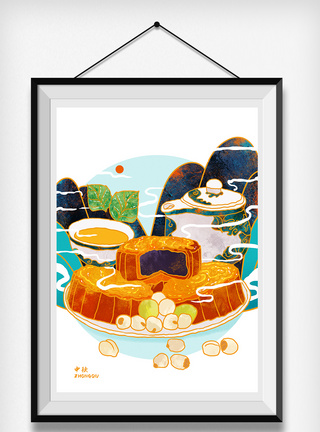 金色中秋节节气月饼山水插画图片