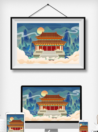 中国风国潮古风山水建筑插画中国风山水高清图片素材