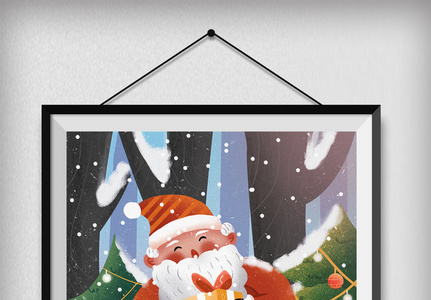 圣诞快乐圣诞老人与雪人挂礼物图片