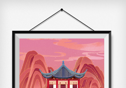 中国风国潮山水建筑插画图片