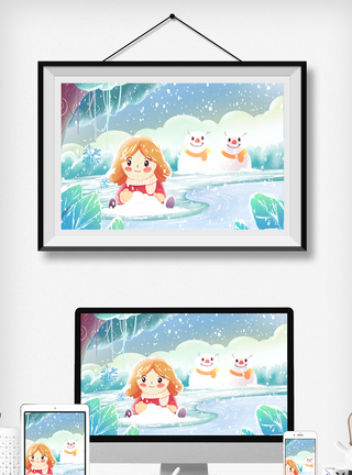 河流插画小雪场景唯美插画小女孩玩雪堆雪人场景模板