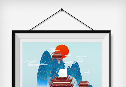 蓝金色鎏金中国风千岛湖建筑插画图片