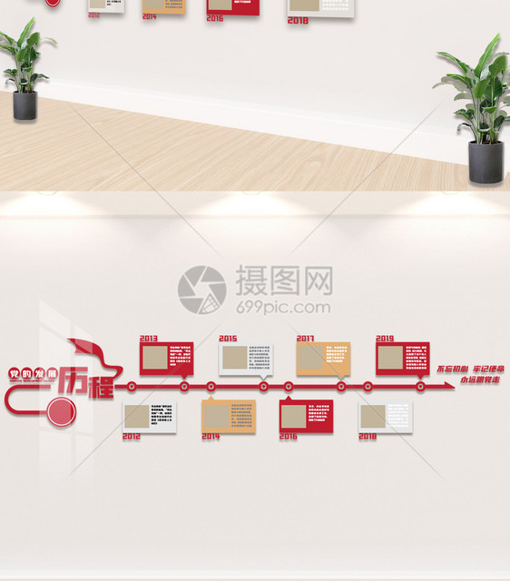 红色大气企业发展历程文化墙设计图片