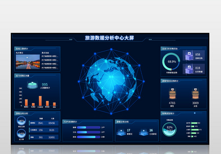 蓝色旅游数据分析中心可视化大屏高清图片