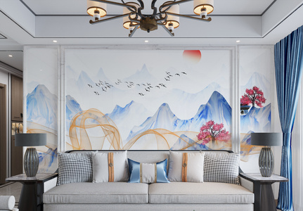 山水中国风背景墙装图片