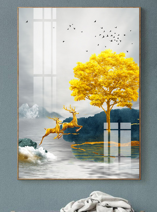 原创手绘轻奢新中式鎏金麋鹿发财树装饰画图片