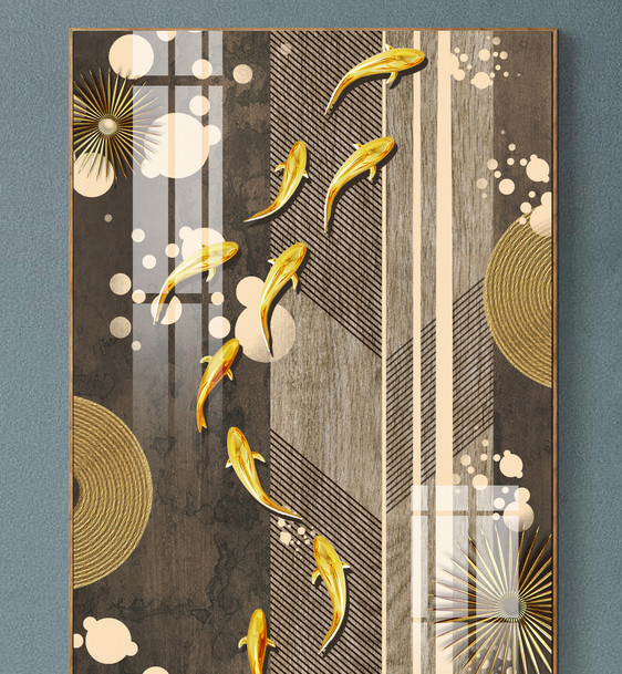 轻奢北欧金色线条艺术九鱼装饰画图片
