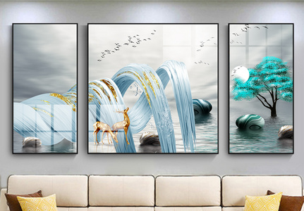现代抽象三联客厅麋鹿金色树装饰画图片