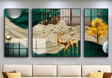 轻奢中国风线条麋鹿艺术装饰画图片