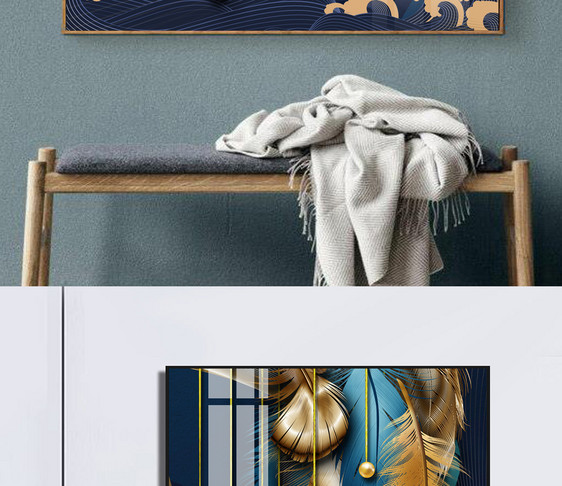 现代抽象金色线条羽毛晶瓷画装饰画图片