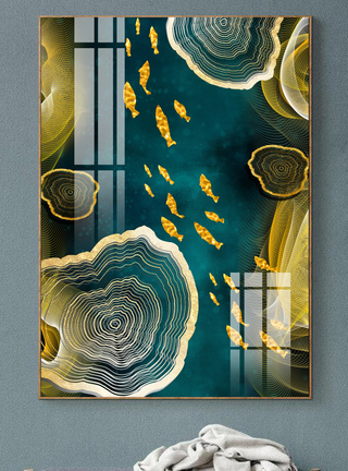 禅意玄关现代抽象金色线条九鱼图晶瓷画装饰画模板
