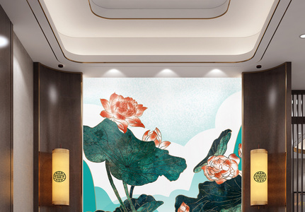 中国风山水荷花中式玄关装饰画图片