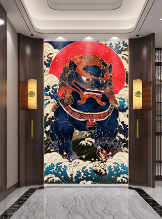 中国风复古藏蓝色玄关装饰画图片