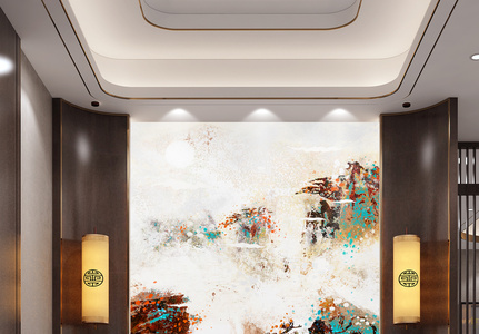 蓝金色中国风山水大气玄关装饰画图片