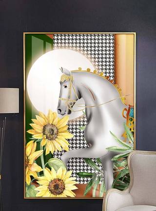 热带树叶现代建筑空间白马动物玄关装饰画模板