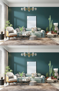 2020年蓝色背景北欧小清新客厅效果图设图片