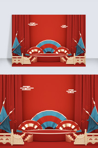C4D红色喜庆中国风背景素材礼盒柱子美妆图片