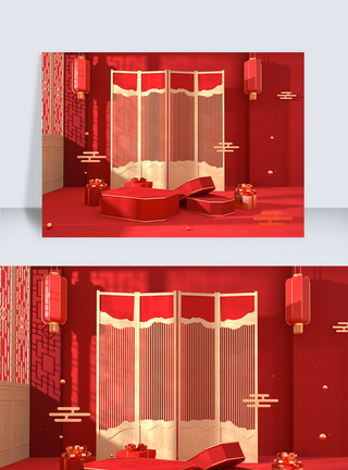 红色喜庆C4D中国风背景美妆珠宝素材灯笼图片