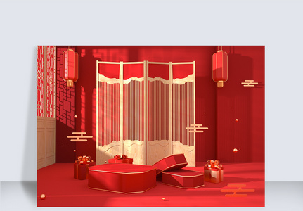 红色喜庆C4D中国风背景美妆珠宝素材灯笼图片