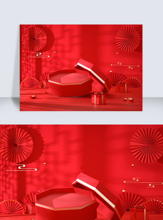 红色喜庆C4D中国风背景美妆珠宝素材折扇图片