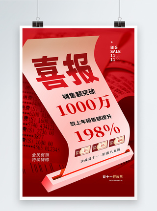 双11宣传时尚大气双11销量喜报宣传海报模板