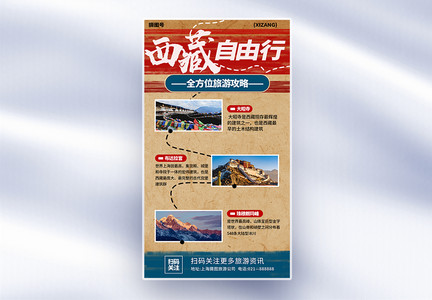 做旧复古拼贴风西藏自由行旅游攻略全屏海报图片
