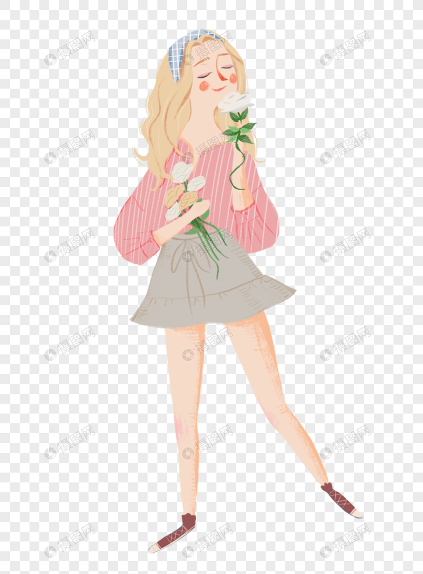 手绘/卡通元素 捧花的女孩.