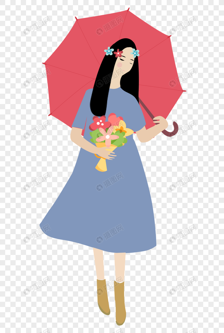 免抠元素 手绘/卡通元素 撑伞的女孩.