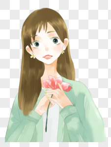 手拿花唯美女孩元素素材PNG格式_设计素材免
