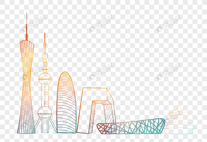 中国标志性建筑剪影线条简约元素