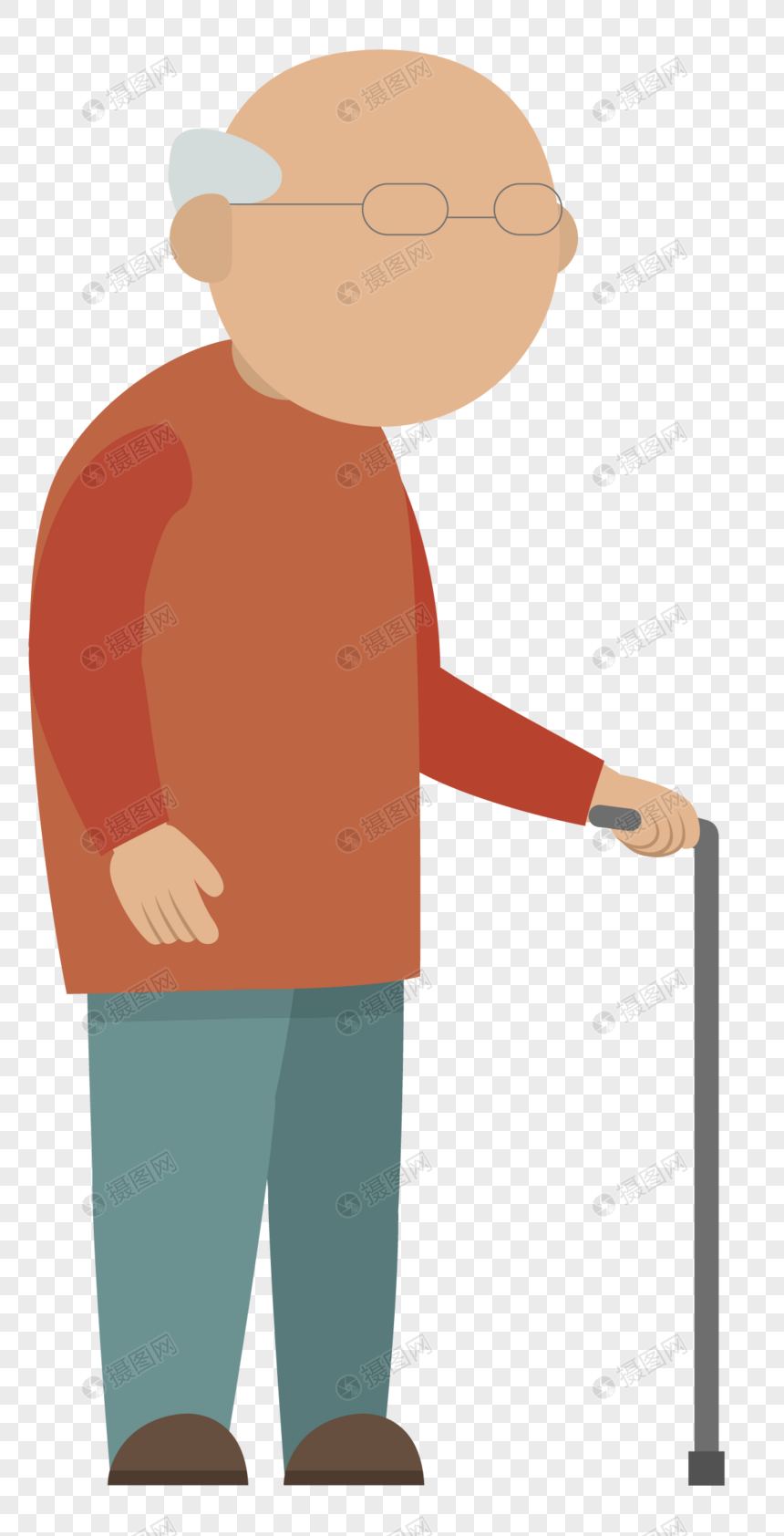 免抠元素 手绘/卡通元素 拄拐杖的老人.png