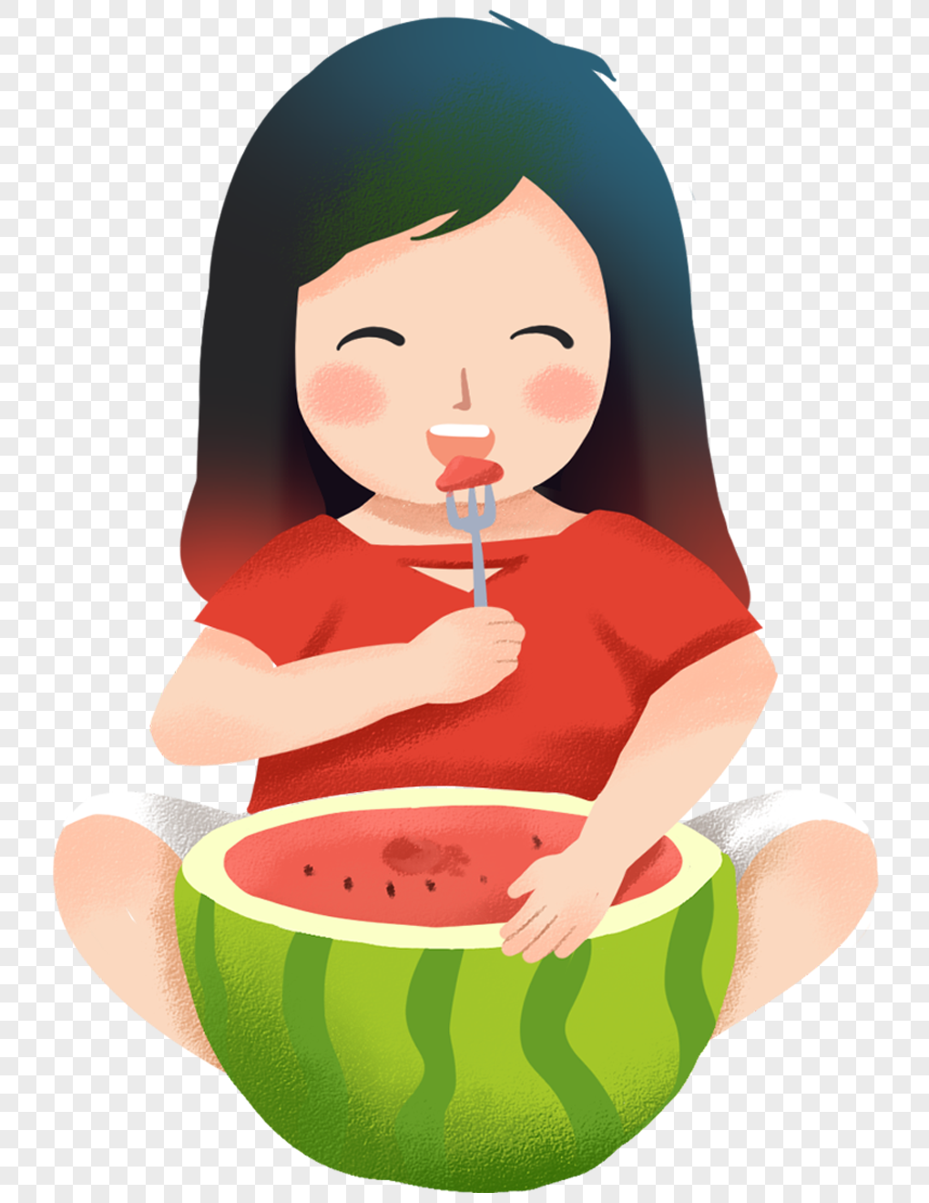 图片 素材 手绘/卡通元素 吃西瓜的小女孩.
