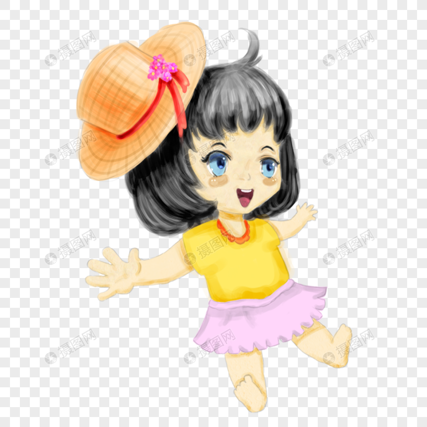 免抠元素 手绘/卡通元素 穿连衣裙的活泼女孩.