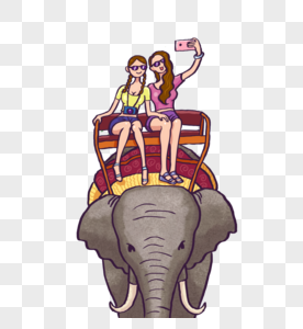 两个女孩骑大象自拍图片