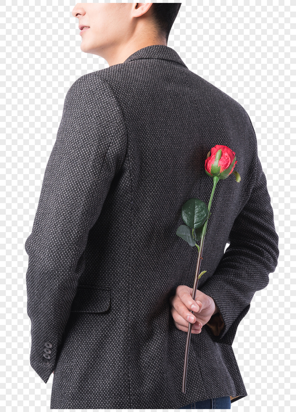 手拿玫瑰花的男性背影