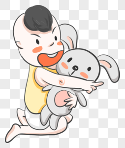 抱着玩具兔得小男孩图片