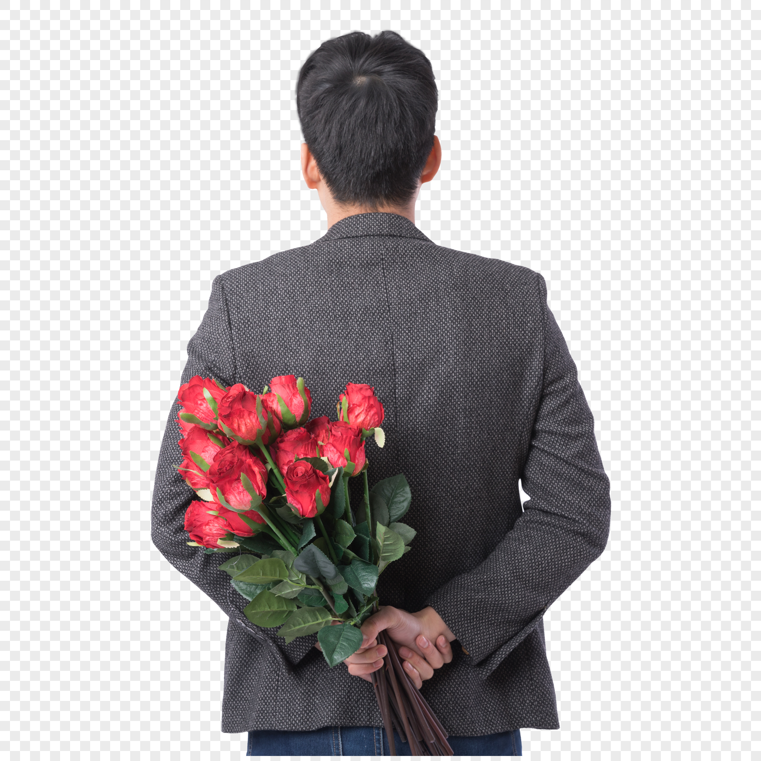 手拿玫瑰花的男性背影