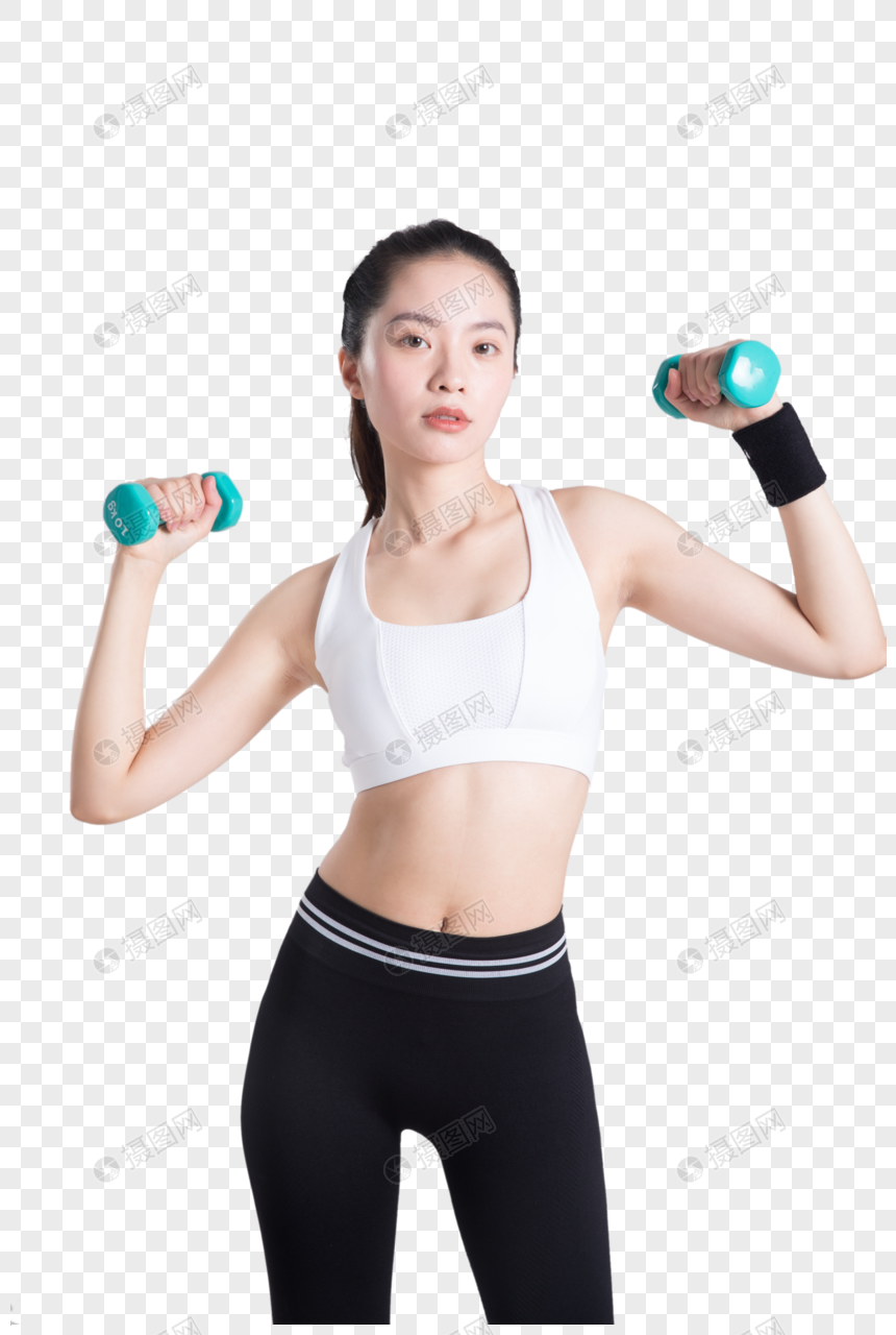 女性运动举哑铃动作棚拍