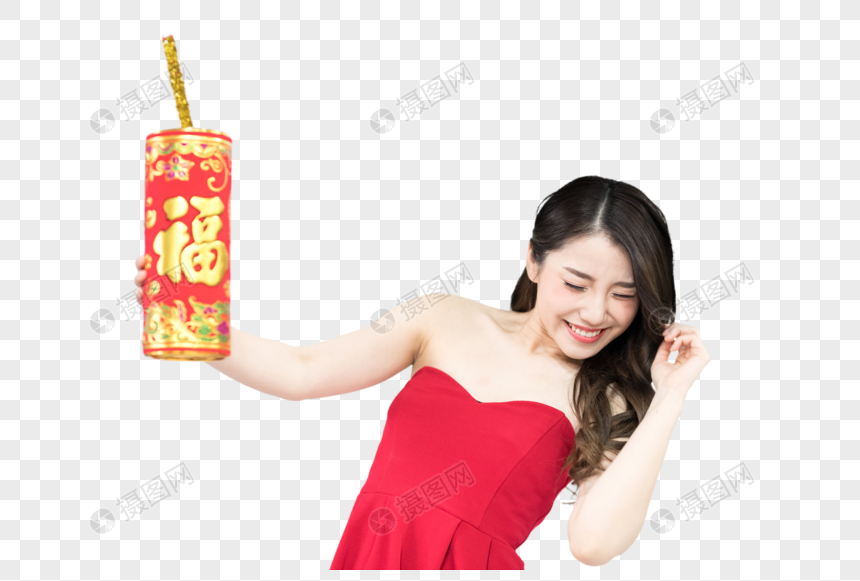 手拿鞭炮的新年女性图片