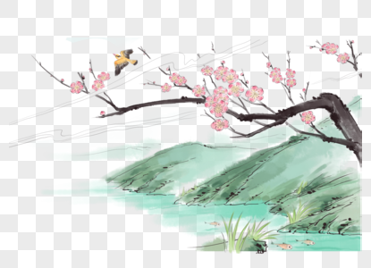 山水花桃花水墨画高清图片