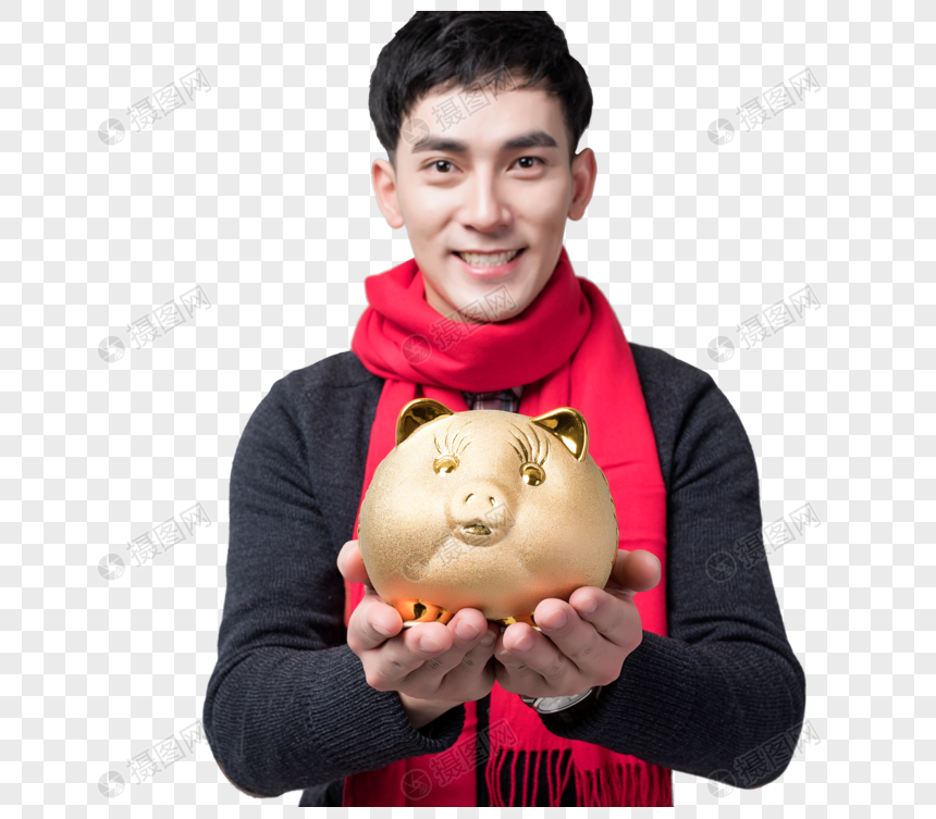 新年喜庆男士人像手捧金猪图片