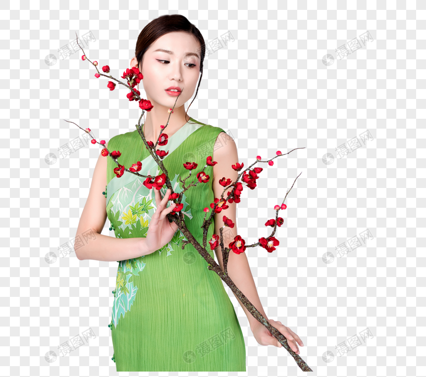 手持梅花的旗袍美女图片