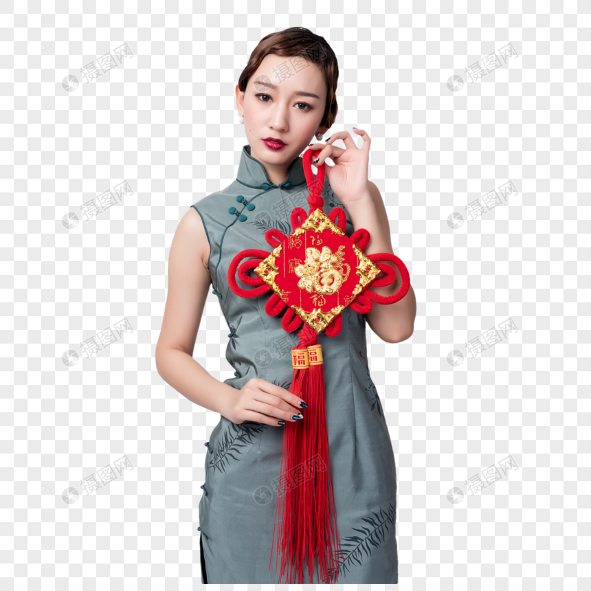 旗袍美女手持福字中国结图片