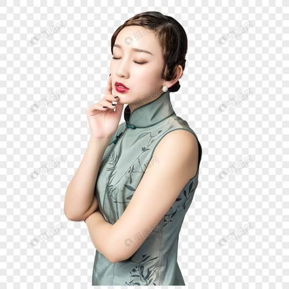 身着旗袍的美女沉思状图片