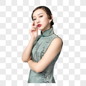 身着旗袍的美女沉思状图片