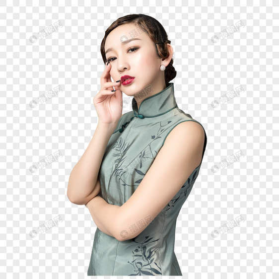 身着旗袍的美女沉思状图片